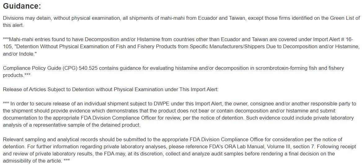 Screenshot from an FDA import alert that shows the Guidance section.